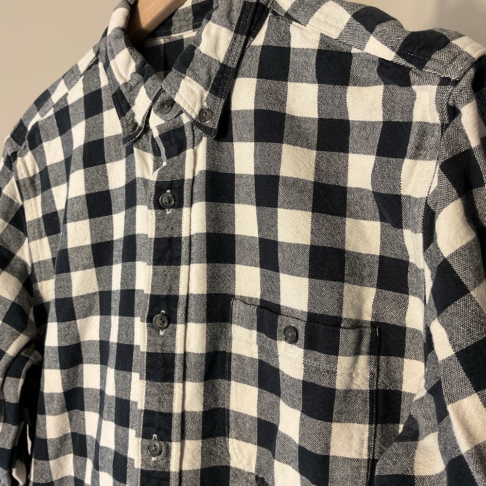 J.Crew Buffalo Check Button Down Shirt Men M Black White Elbow Patch Cotton
